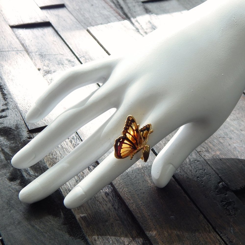Natural Baltic Amber 14K Gold Plated Adjustable Butterfly Ring - Picture 6 of 6